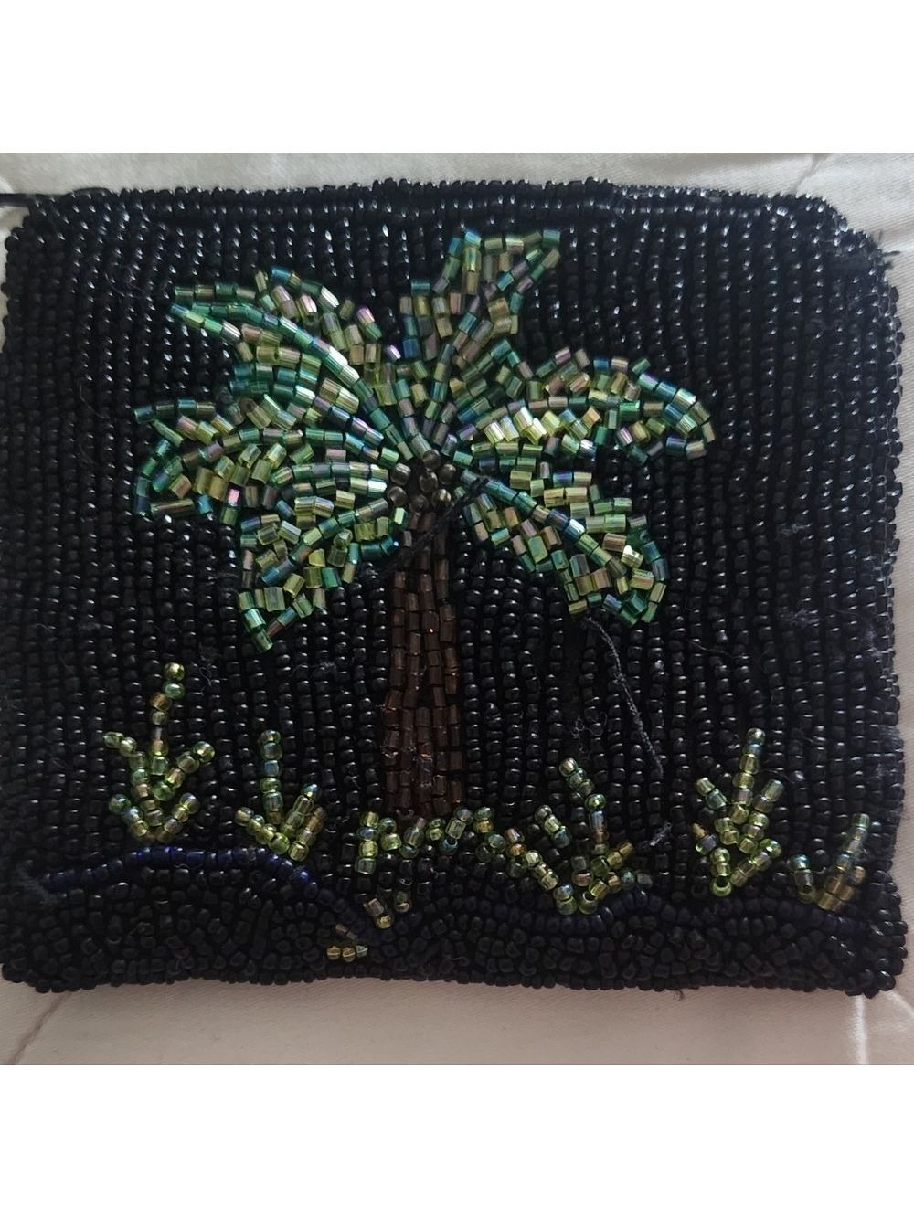 Stunning Beaded Zippered Change Coin Purse Black With Palm Tree